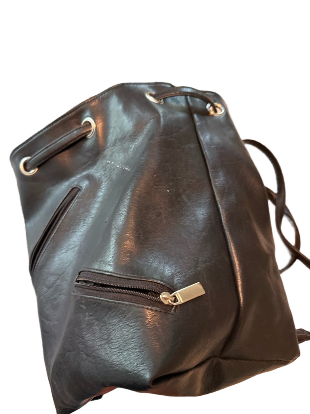 Excel Handbags Co Black Vegan Leather Drawstring Backpack One Size